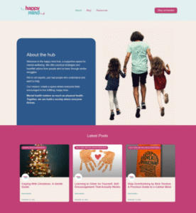 About us page of the happy mind hub website showing coloured boxes with test and a picture of a man skipping with his two children