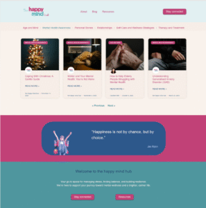 Blog page of happy mind hub website showing blog text headed by pictures