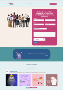The contact page for the happymind hub featuring a contact form and bright picture of people